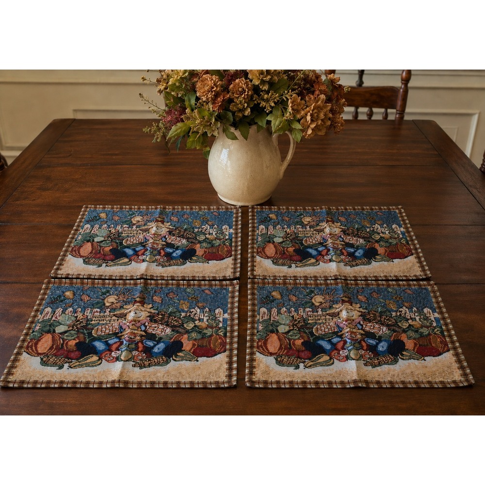 Set 4 Happy Harvest Woven Tapestry Placemats Scarecrow Pumpkin Fall Cottagecore
